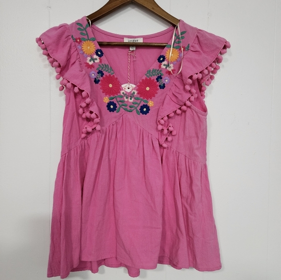 New Umgee Pink Floral Embroidered Ruffle Blouse - Picture 2 of 5